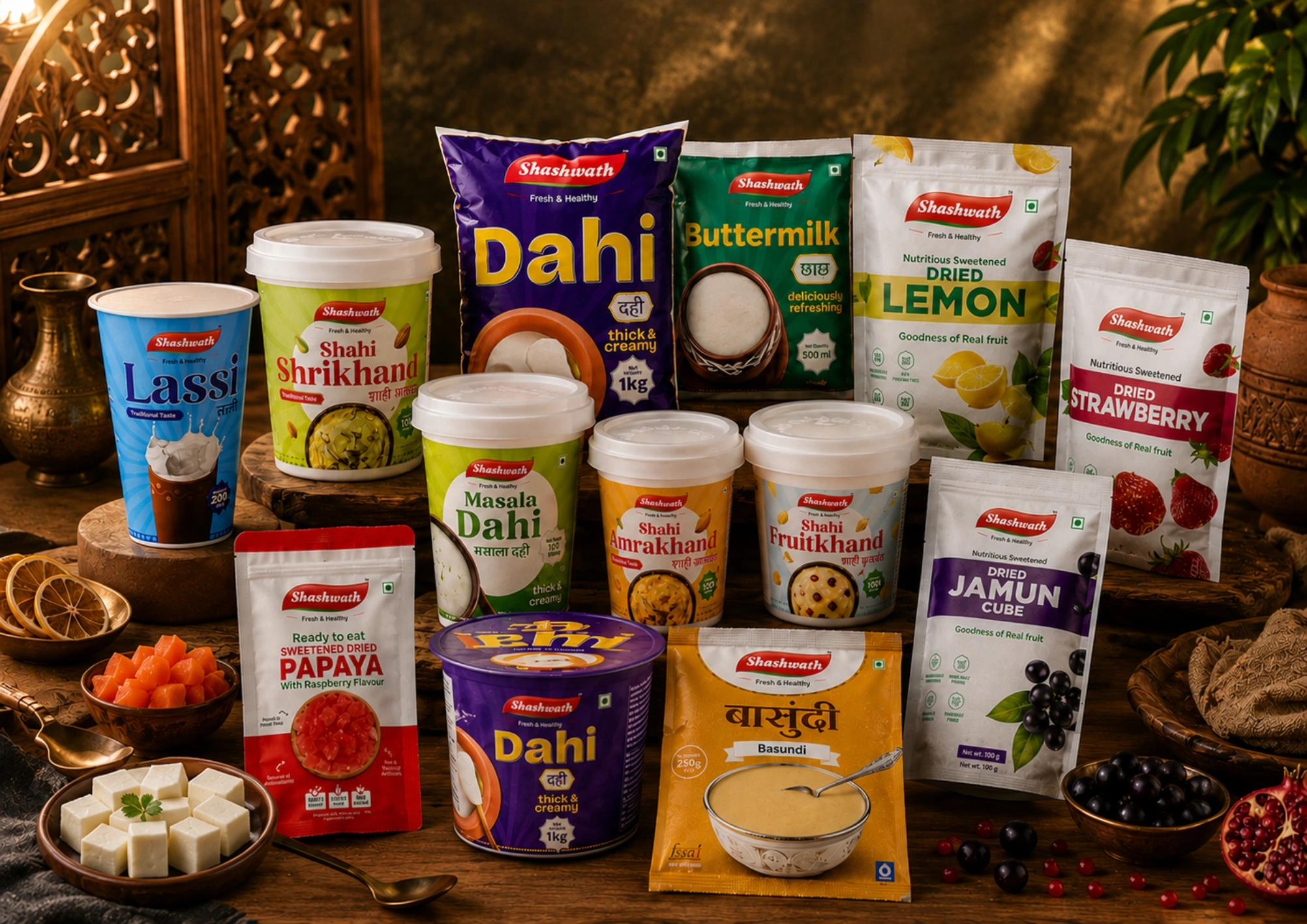 A spread of Shashwath Dairy products — Dahi, Shrikhand, Buttermilk, Lassi, dried fruit snacks and more